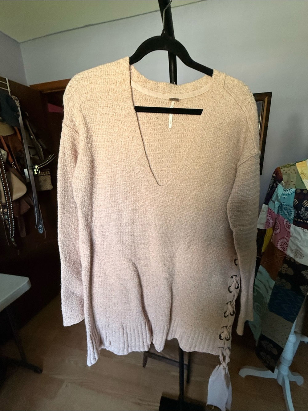 Free People Lace-Up Side V-Neck Sweater in Light Blush